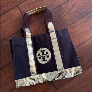 Tory Burch Navy and Gold Canvas Tote